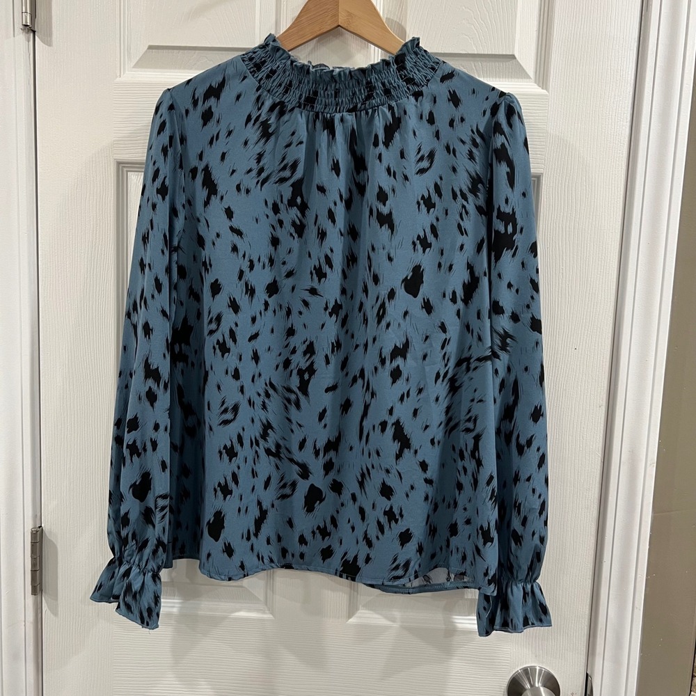 SHEIN Blue Black Abstract Animal Print Smocked Neck Ruffle Cuff Blouse Size XL